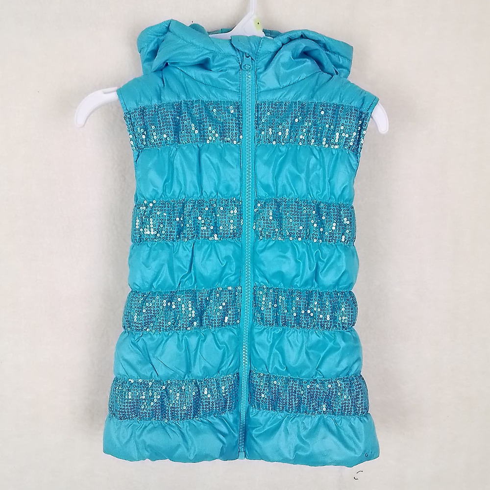 Girl's Lightweight Puffer Vest‎ Hoodie Size Small in Blue w/ Sequins
